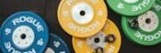 Colorful Rogue weight plates arranged on a gym floor visualizing fitness and strength.